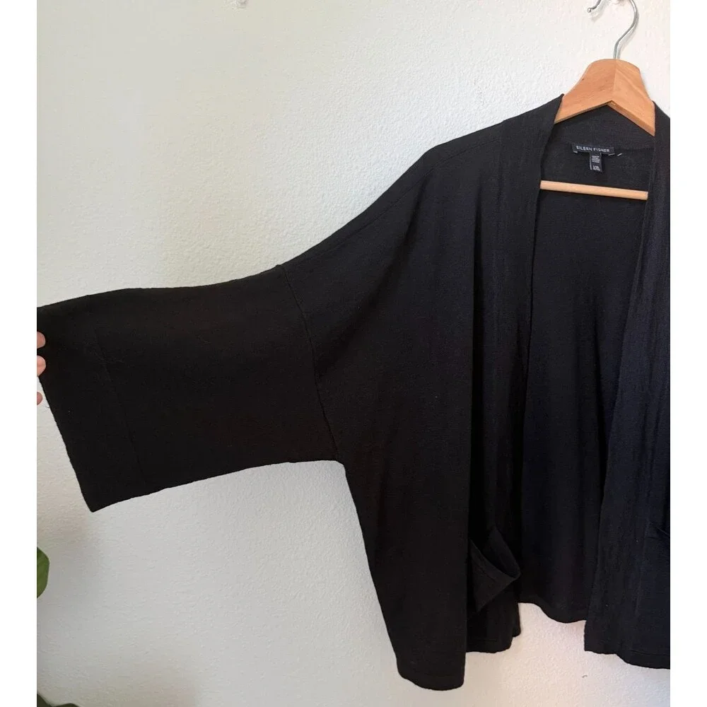 Eileen Fisher Sweater Womens L/XL Black Linen Blend Kimono Cardigan Open Pockets - Picture 5 of 6